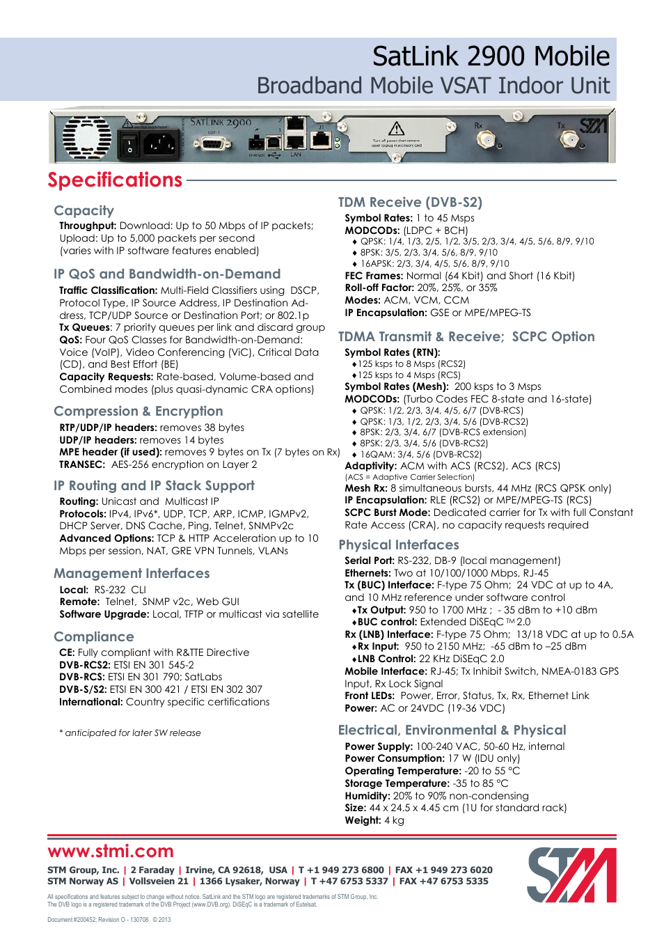 Satlink 2900 mobile, Broadband mobile vsat indoor unit, Specifications | Capacity physical interfaces, Electrical, environmental & physical, Management interfaces, Compliance, Tdm receive (dvb-s2), Tdma transmit & receive; scpc option, Compression & encryption | STM SatLink 2900 Mobile VSAT User Manual | Page 2 / 2