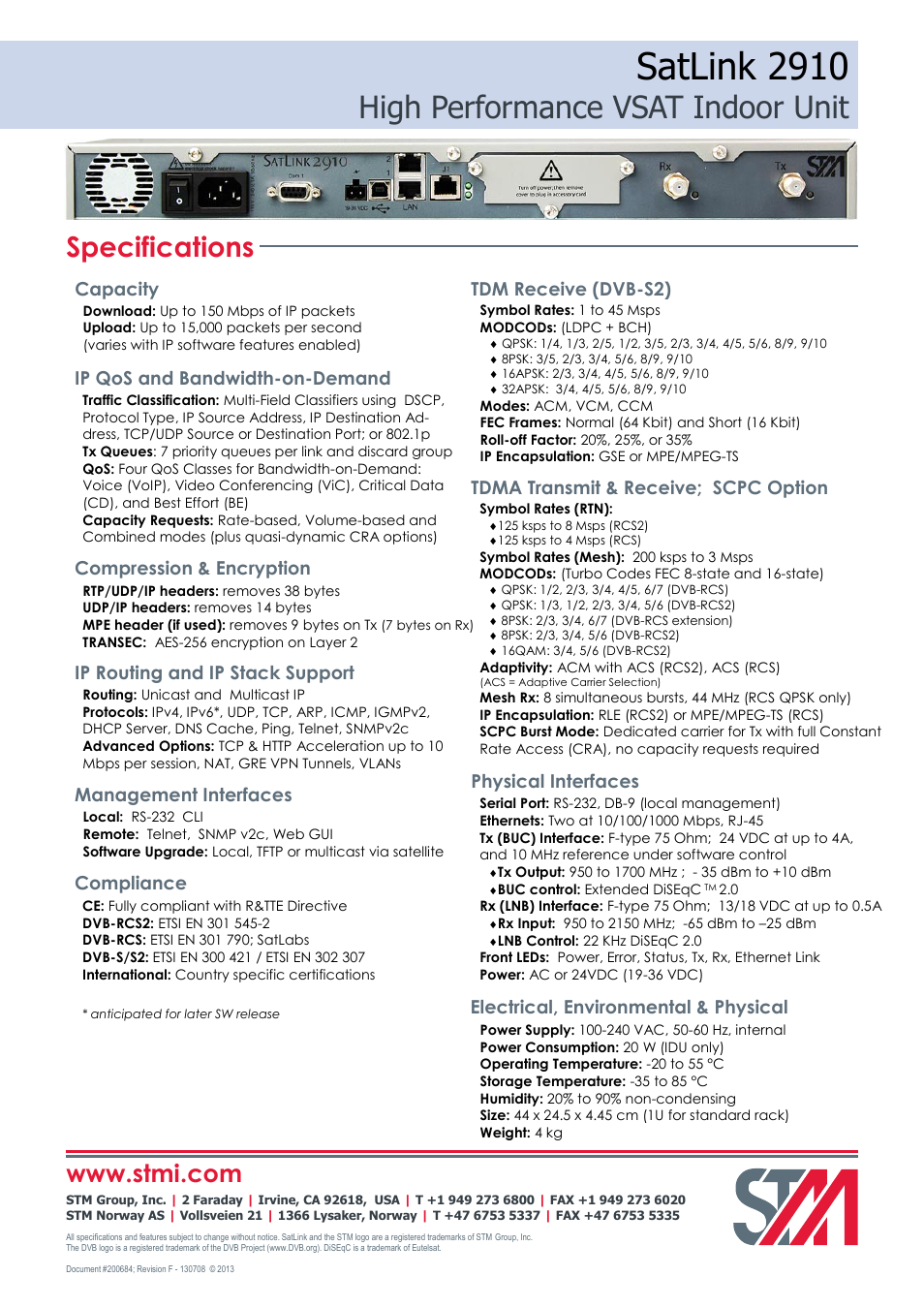 Satlink 2910, High performance vsat indoor unit, Specifications | Physical interfaces, Electrical, environmental & physical, Management interfaces, Compliance | STM SatLink 2910 VSAT User Manual | Page 2 / 2