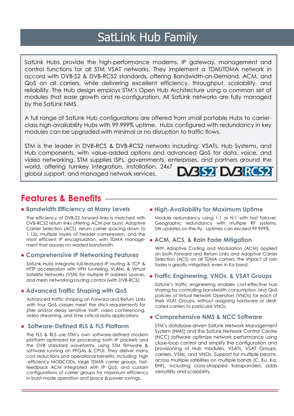 Satlink hub family, Features & benefits | STM SatLink Hub Family User Manual | Page 2 / 5