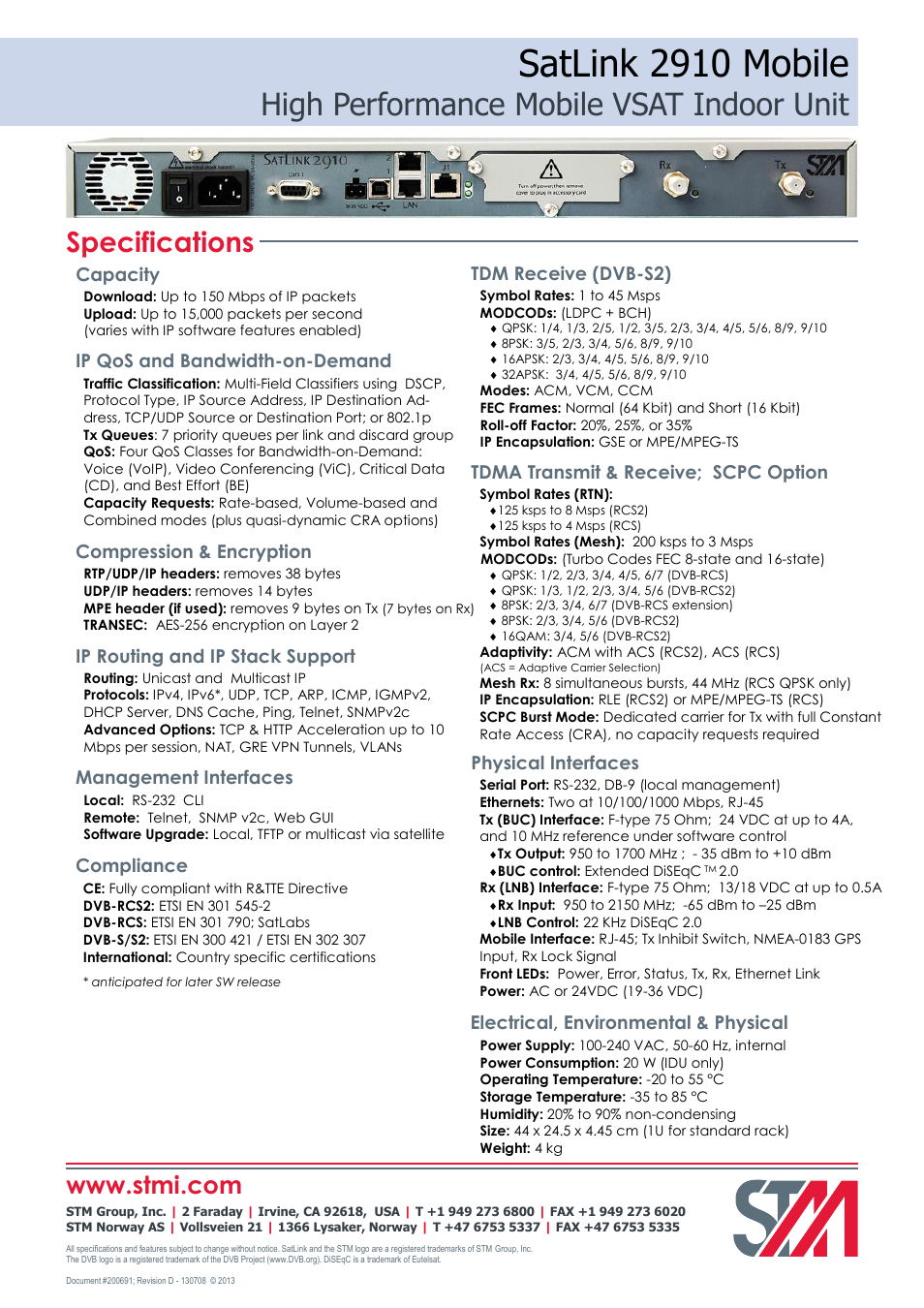 Satlink 2910 mobile, High performance mobile vsat indoor unit, Specifications | Capacity physical interfaces, Electrical, environmental & physical, Management interfaces, Compliance, Compression & encryption | STM SatLink 2910 Mobile VSAT User Manual | Page 2 / 2