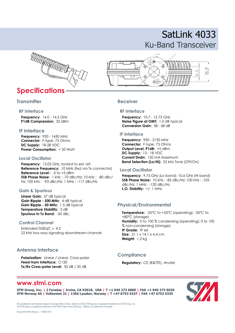 Satlink 4033, Ku-band transceiver, Specifications | If interface, Physical/environmental, Transmitter receiver, Antenna interface, Compliance | STM SatLink 4033 Transceiver User Manual | Page 2 / 2