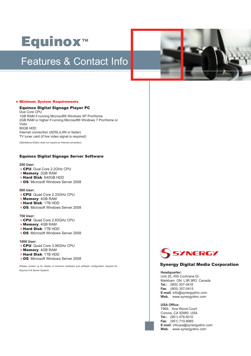 Equinox, Features & contact info | Synergy Digital Equinox Enterprise Edition User Manual | Page 6 / 6