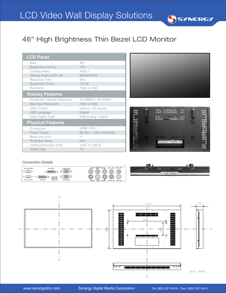 Lcd video wall display solutions, 46” high brightness thin bezel lcd monitor | Synergy Digital PX-1VW46 46" Thin Bezel LCD Monitor User Manual | Page 2 / 2