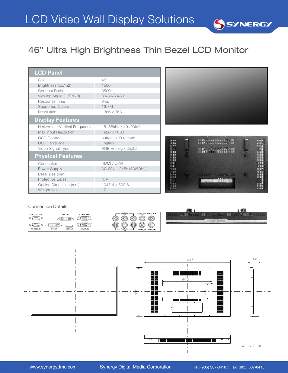 Lcd video wall display solutions, 46” ultra high brightness thin bezel lcd monitor | Synergy Digital PX-1VW46-HB 46" High Brightness Thin Bezel LCD Monitor User Manual | Page 2 / 2