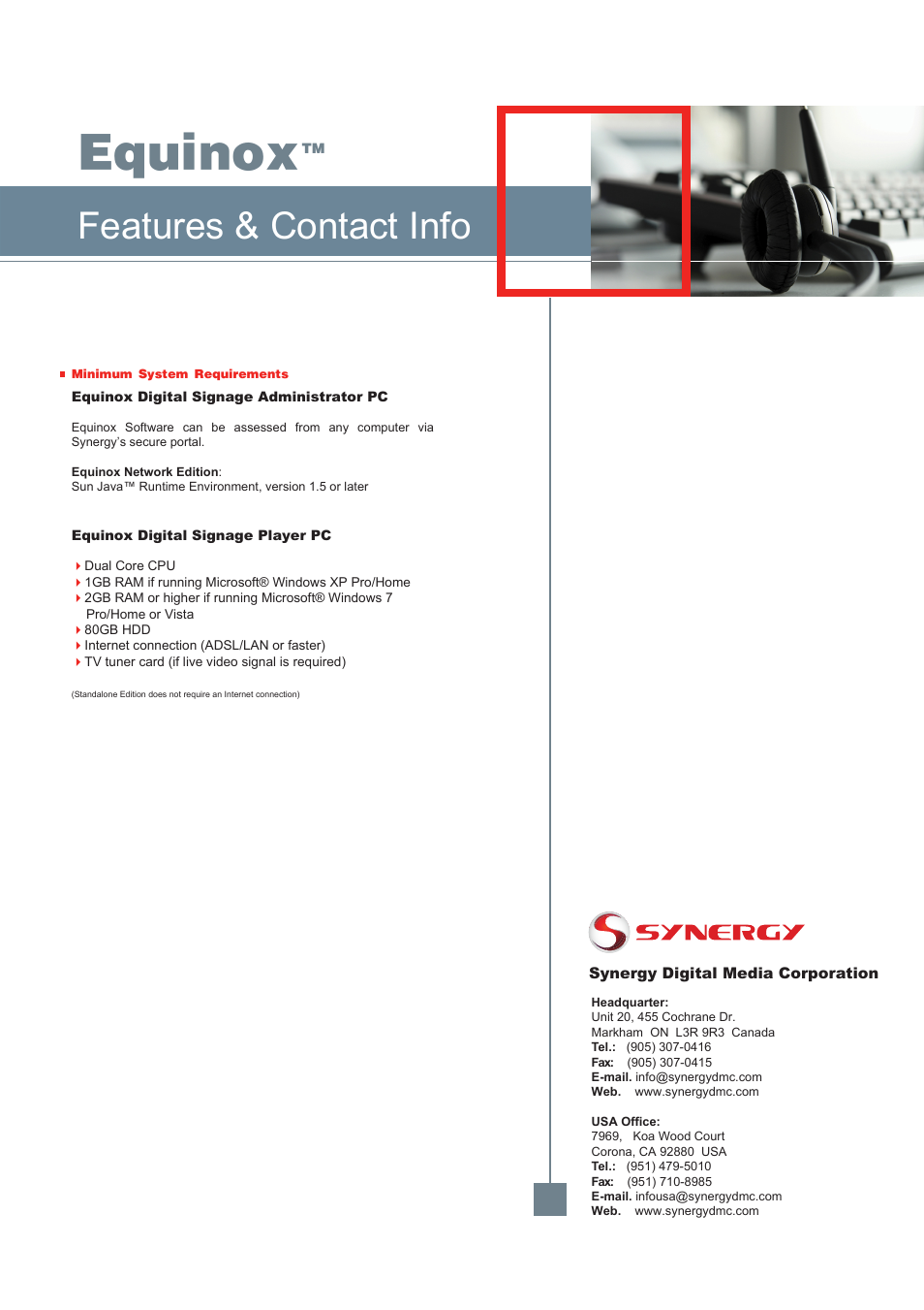 Equinox, Features & contact info | Synergy Digital Equinox Network Edition User Manual | Page 5 / 5