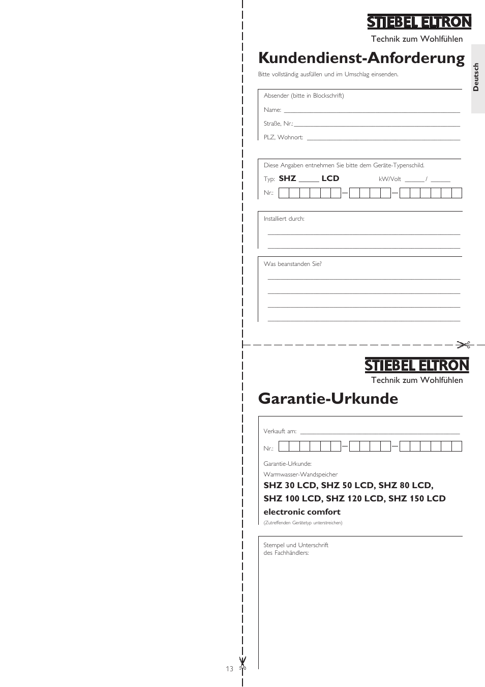 Garantie-urkunde, Kundendienst-anforderung | STIEBEL ELTRON SHZ 100 LCD User Manual | Page 13 / 44
