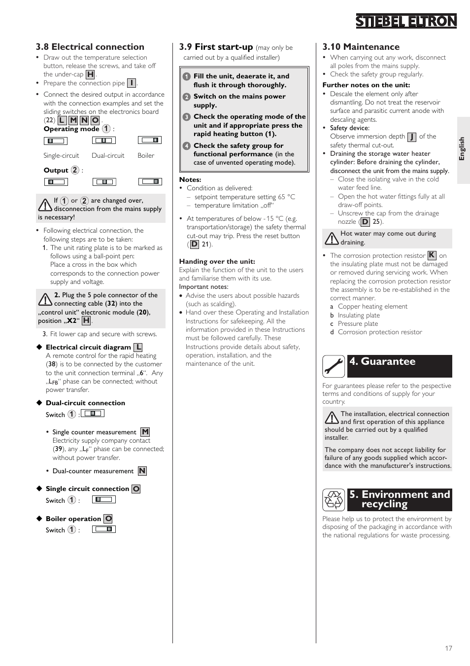 Environment and recycling 4. guarantee, 8 electrical connection, 9 first start-up | 10 maintenance | STIEBEL ELTRON SHZ 100 LCD User Manual | Page 17 / 44