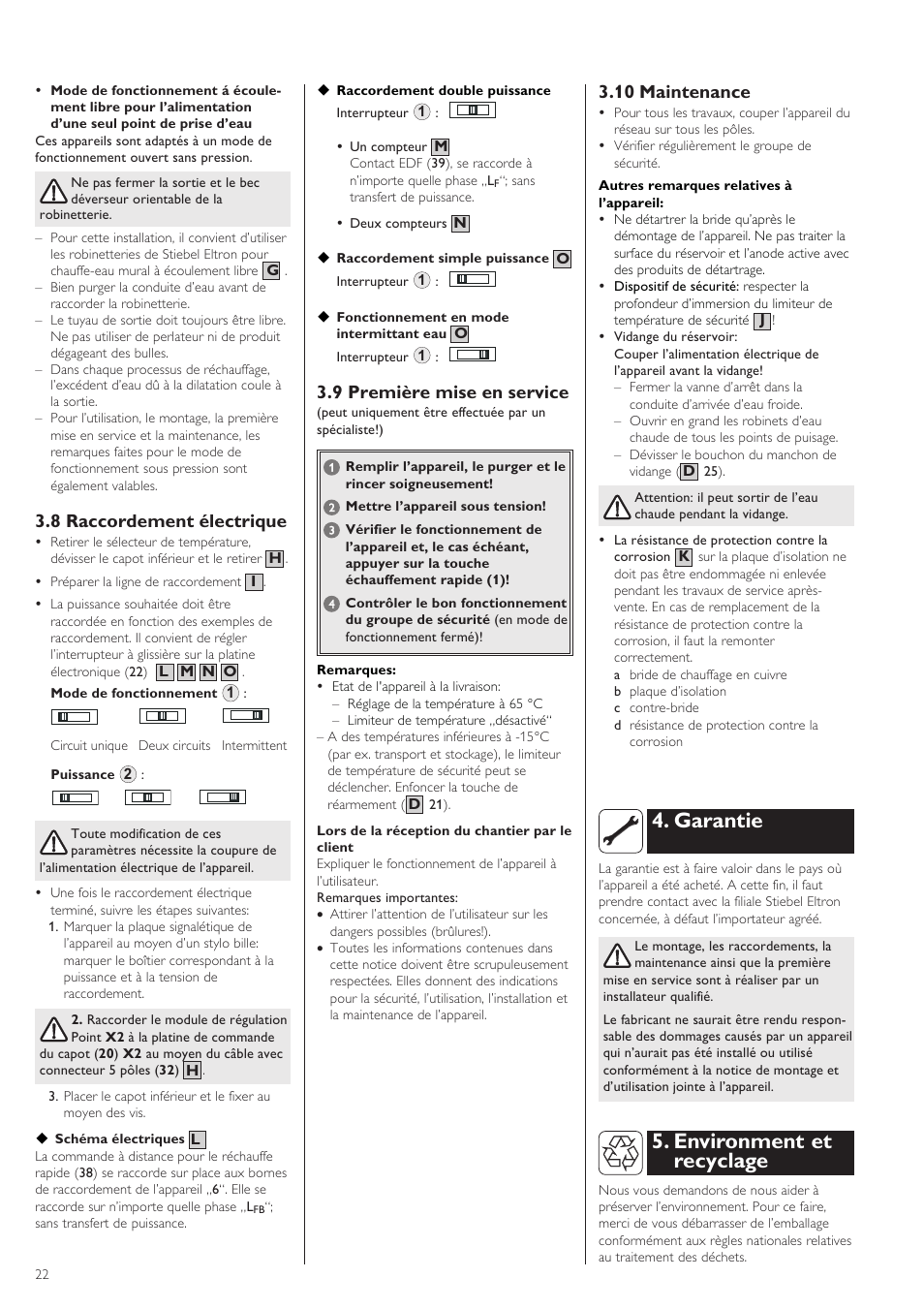 Garantie, Environment et recyclage, 8 raccordement électrique | 9 première mise en service, 10 maintenance | STIEBEL ELTRON SHZ 100 LCD User Manual | Page 22 / 44