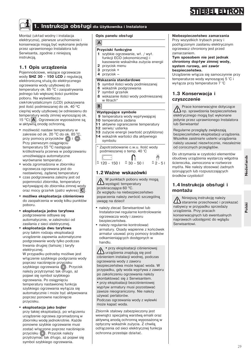 /instrukcja/obsługi, 2 ważne/wskazówki, 1/opis/urządzenia | 3/konserwacja/i czyszczenie, 4 instrukcja/obsługi/i montażu | STIEBEL ELTRON SHZ 100 LCD User Manual | Page 29 / 44