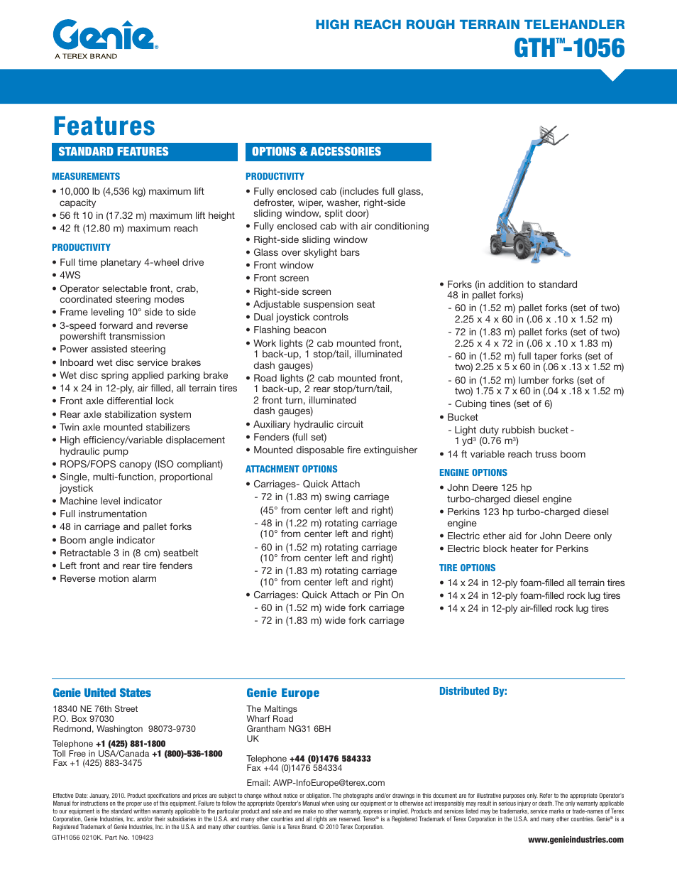 Features, High reach rough terrain telehandler, Standard features options & accessories | Genie united states, Genie europe | Trade Mark GTH 1056 Telehandler User Manual | Page 2 / 2
