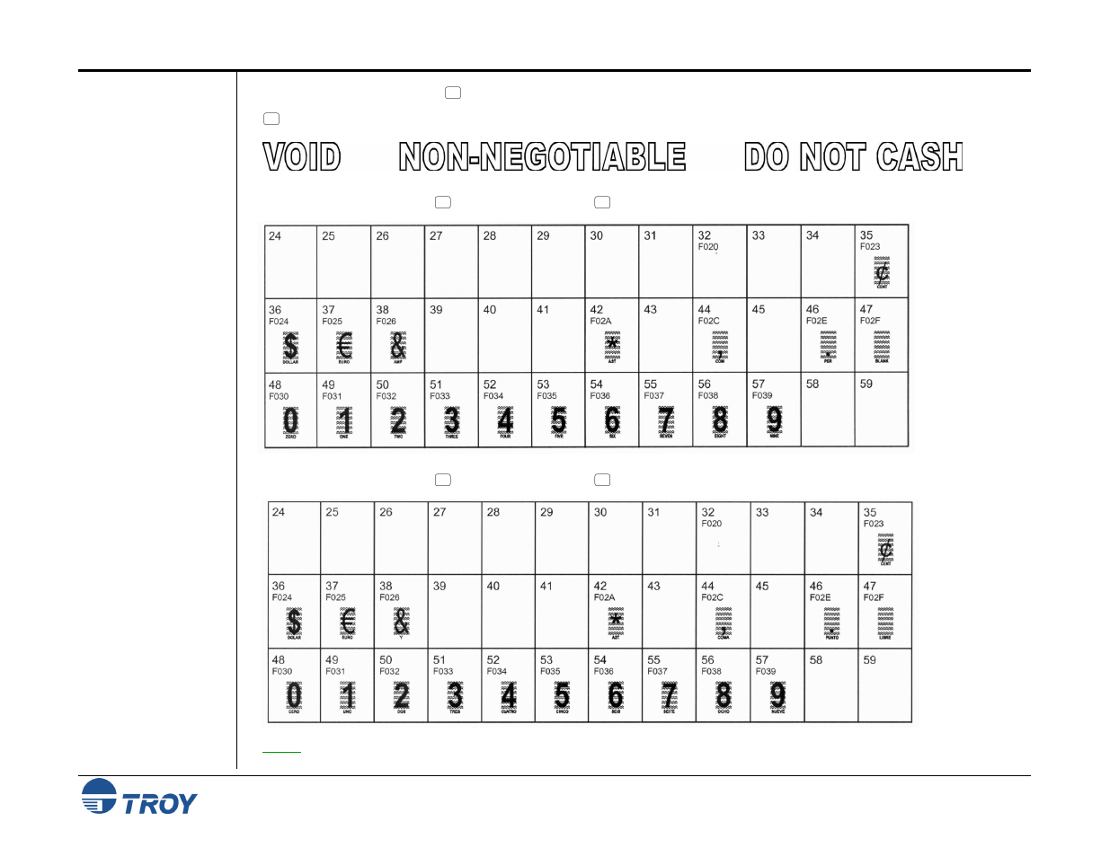 Troy autoprotect font, Troy security font, Troy security font (spanish) | TROY Group MICR_IRD 9050 Security Printing Solutions User’s Guide User Manual | Page 121 / 160