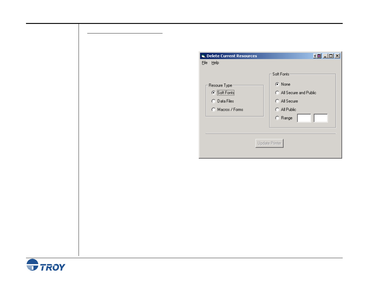 Deleting printer resources | TROY Group MICR_IRD 9050 Security Printing Solutions User’s Guide User Manual | Page 79 / 160