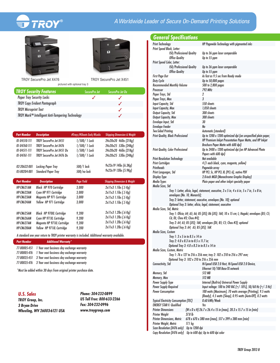 General specifications, U.s. sales, Troy security features | TROY Group SecurePro Jet Datasheet User Manual | Page 2 / 2