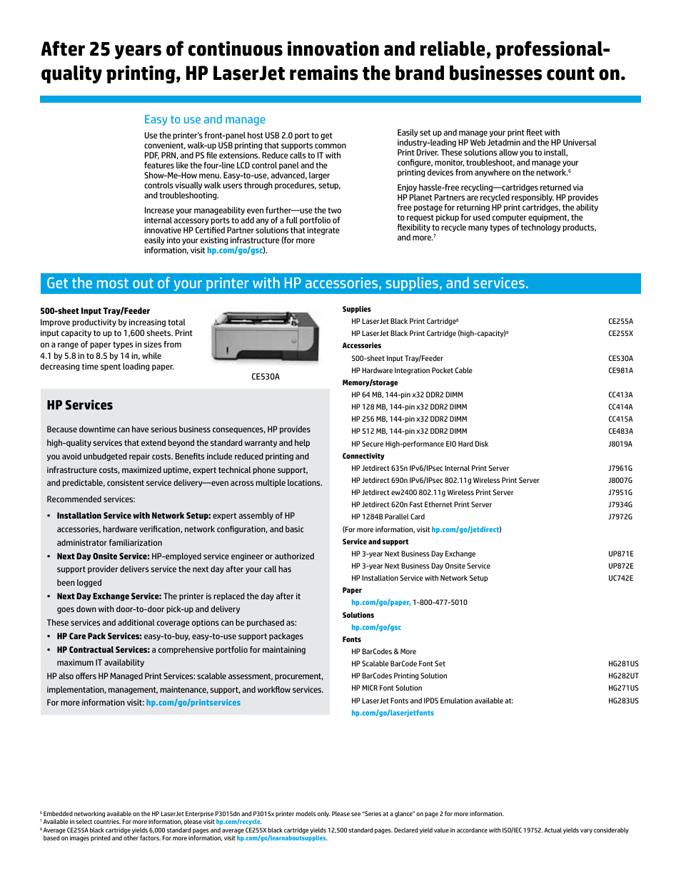 Hp services, Easy to use and manage | TROY Group Hewlett-Packard LaserJet P3015x Datasheet User Manual | Page 3 / 4