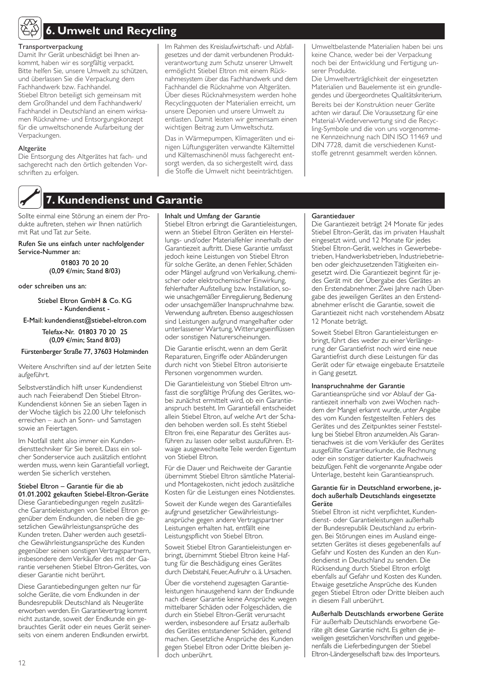 Umwelt und recycling, Kundendienst und garantie | STIEBEL ELTRON SHZ 30 LCD User Manual | Page 12 / 44