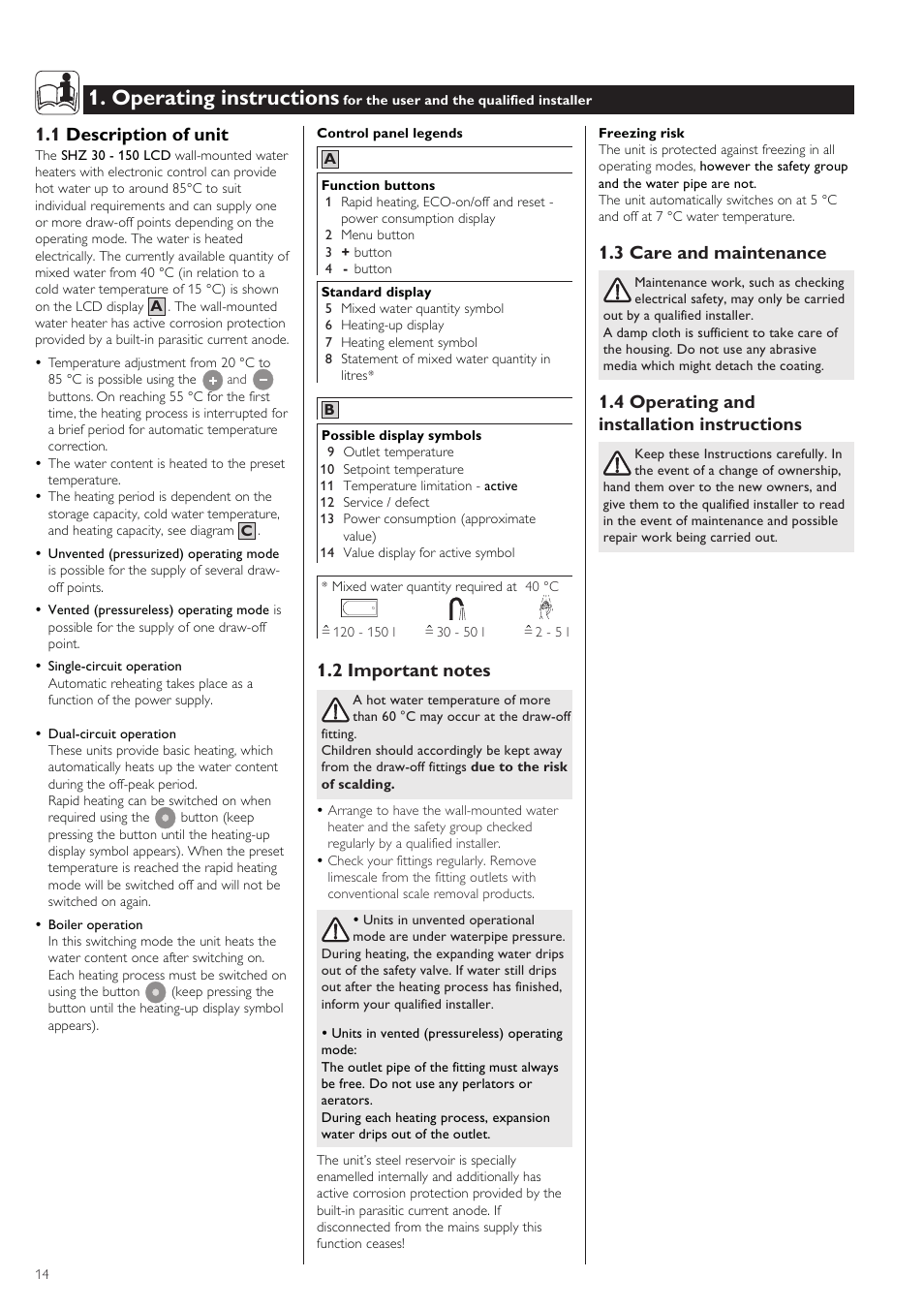 Operating instructions, 1 description of unit, 3 care and maintenance | 4 operating and installation instructions | STIEBEL ELTRON SHZ 30 LCD User Manual | Page 14 / 44