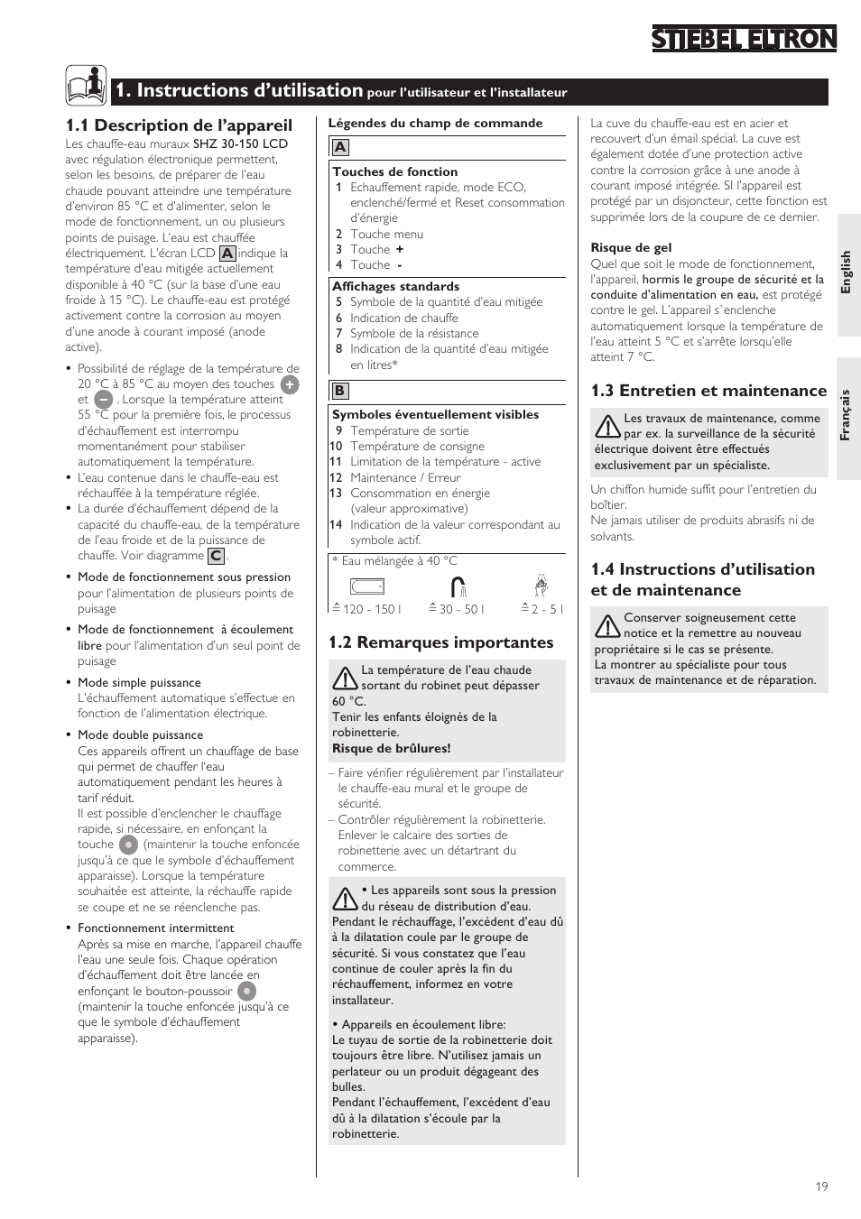 Instructions d’utilisation, 2 remarques importantes, 1 description de l’appareil | 3 entretien et maintenance, 4 instructions d’utilisation et de maintenance | STIEBEL ELTRON SHZ 30 LCD User Manual | Page 19 / 44
