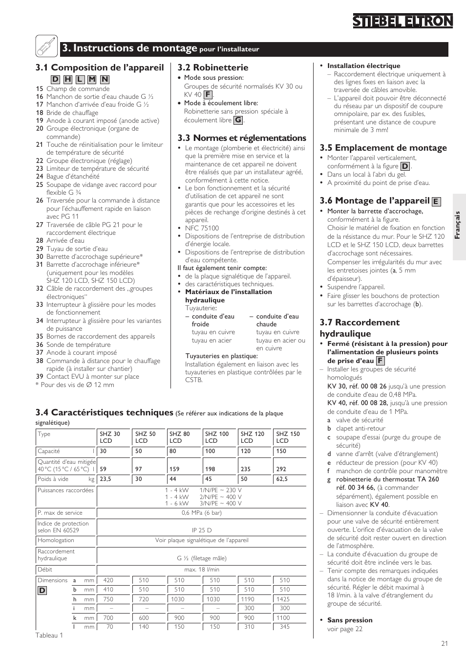 Instructions de montage, 1 composition de l’appareil, 2 robinetterie | 3 normes et réglementations, 5 emplacement de montage, 6 montage de l’appareil, 7 raccordement hydraulique, 4 caractéristiques techniques | STIEBEL ELTRON SHZ 30 LCD User Manual | Page 21 / 44