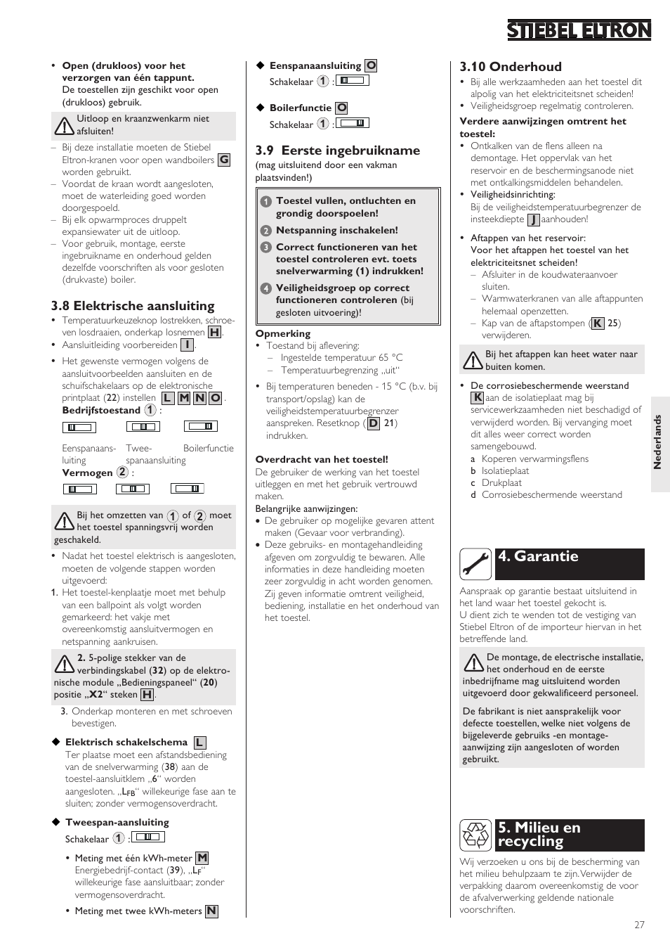 Garantie, Milieu en recycling, 8 elektrische aansluiting | 9 eerste ingebruikname, 10 onderhoud | STIEBEL ELTRON SHZ 30 LCD User Manual | Page 27 / 44