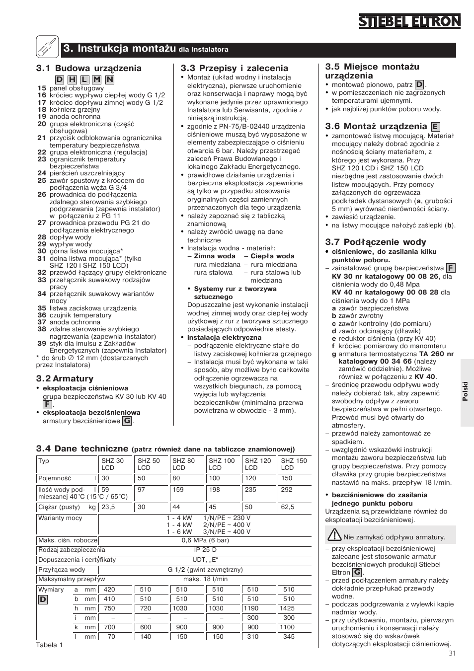 /instrukcja/montażu, 1 budowa/urządzenia, 2 armatury | 3/przepisy/i/zalecenia, 5/miejsce/montażu urządzenia, 6/montaż/urządzenia, 7/podłączenie/wody, 4/dane/techniczne | STIEBEL ELTRON SHZ 30 LCD User Manual | Page 31 / 44