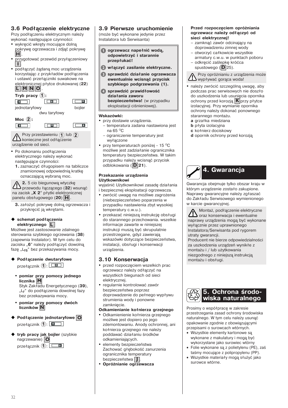 Gwarancja 5./ochrona/środo- wiska/naturalnego, 6/podłączenie/elektryczne, 9/pierwsze/uruchomienie | 10/konserwacja | STIEBEL ELTRON SHZ 30 LCD User Manual | Page 32 / 44