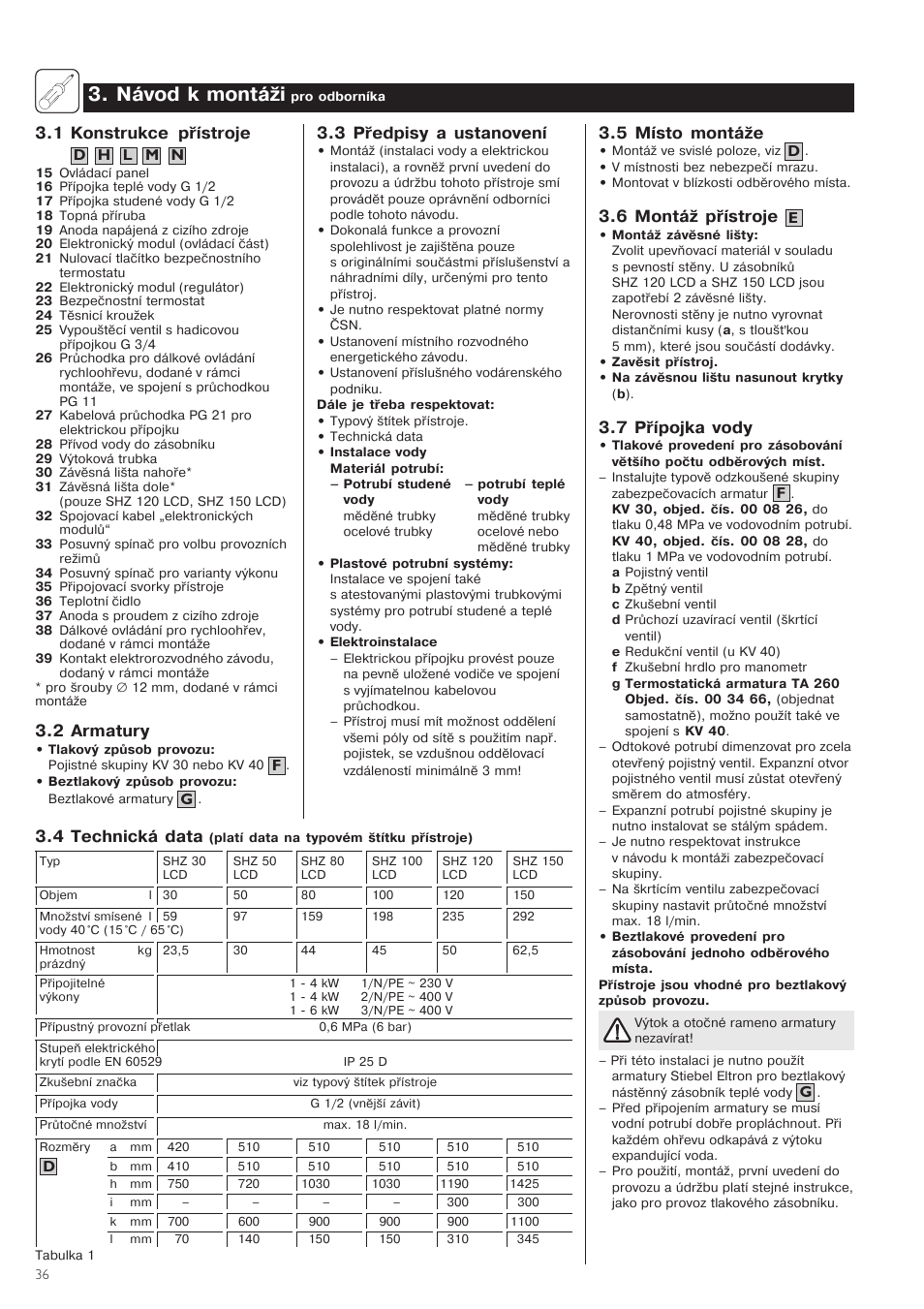 /návod/k/montáži, 1 konstrukce/ přístroje, 2/armatury | 3/předpisy/a/ustanovení, 5/místo/montáže, 6/montáž/přístroje, 7/přípojka/vody, 4/technická/data | STIEBEL ELTRON SHZ 30 LCD User Manual | Page 36 / 44