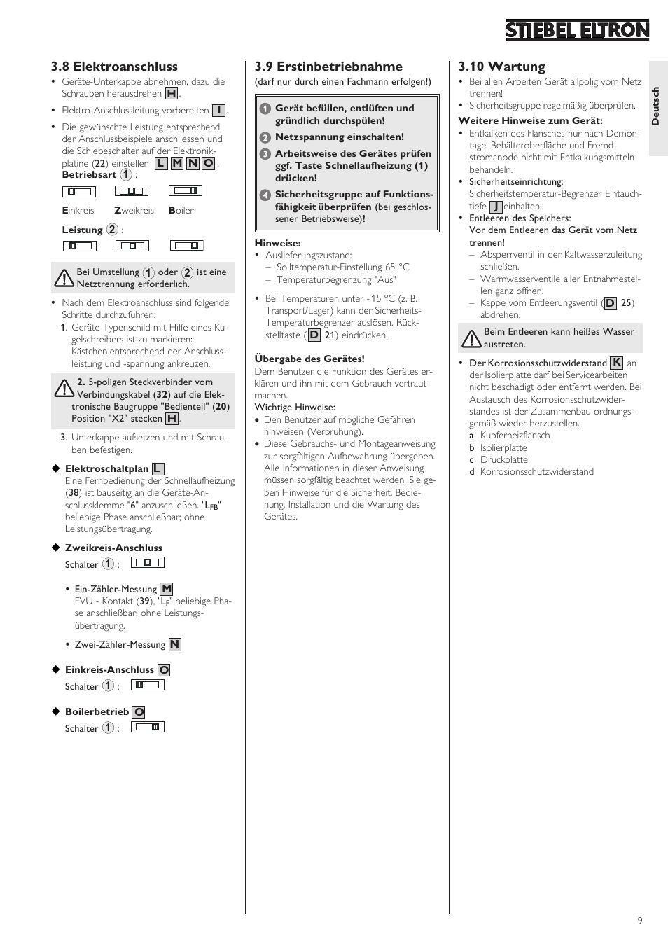 8 elektroanschluss, 9 erstinbetriebnahme, 10 wartung | STIEBEL ELTRON SHZ 30 LCD User Manual | Page 9 / 44