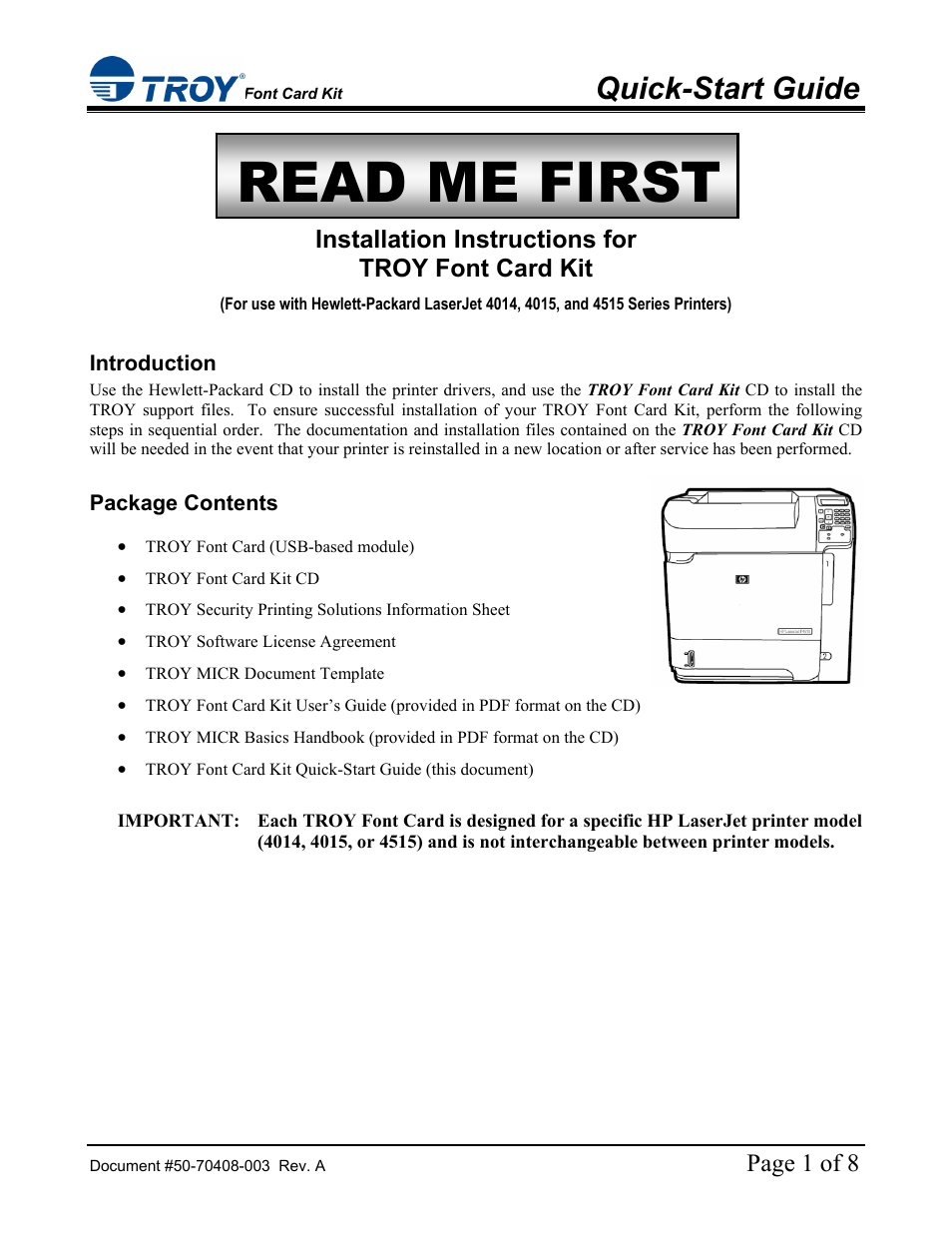 TROY Group Hewlett-Packard LaserJet 4515 Font Card Kit Quick-Start Guide User Manual | 8 pages