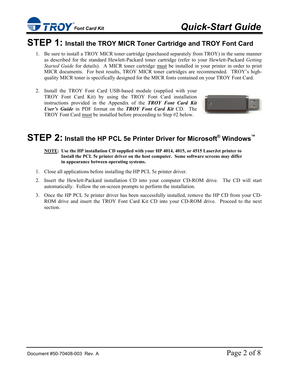 Quick-start guide, Step 1, Step 2 | Page 2 of 8 | TROY Group Hewlett-Packard LaserJet 4515 Font Card Kit Quick-Start Guide User Manual | Page 2 / 8