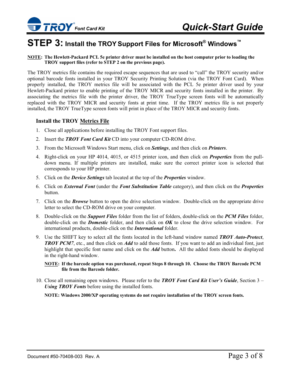 Quick-start guide, Step 3, Page 3 of 8 | Install the troy, Support files for microsoft, Windows | TROY Group Hewlett-Packard LaserJet 4515 Font Card Kit Quick-Start Guide User Manual | Page 3 / 8