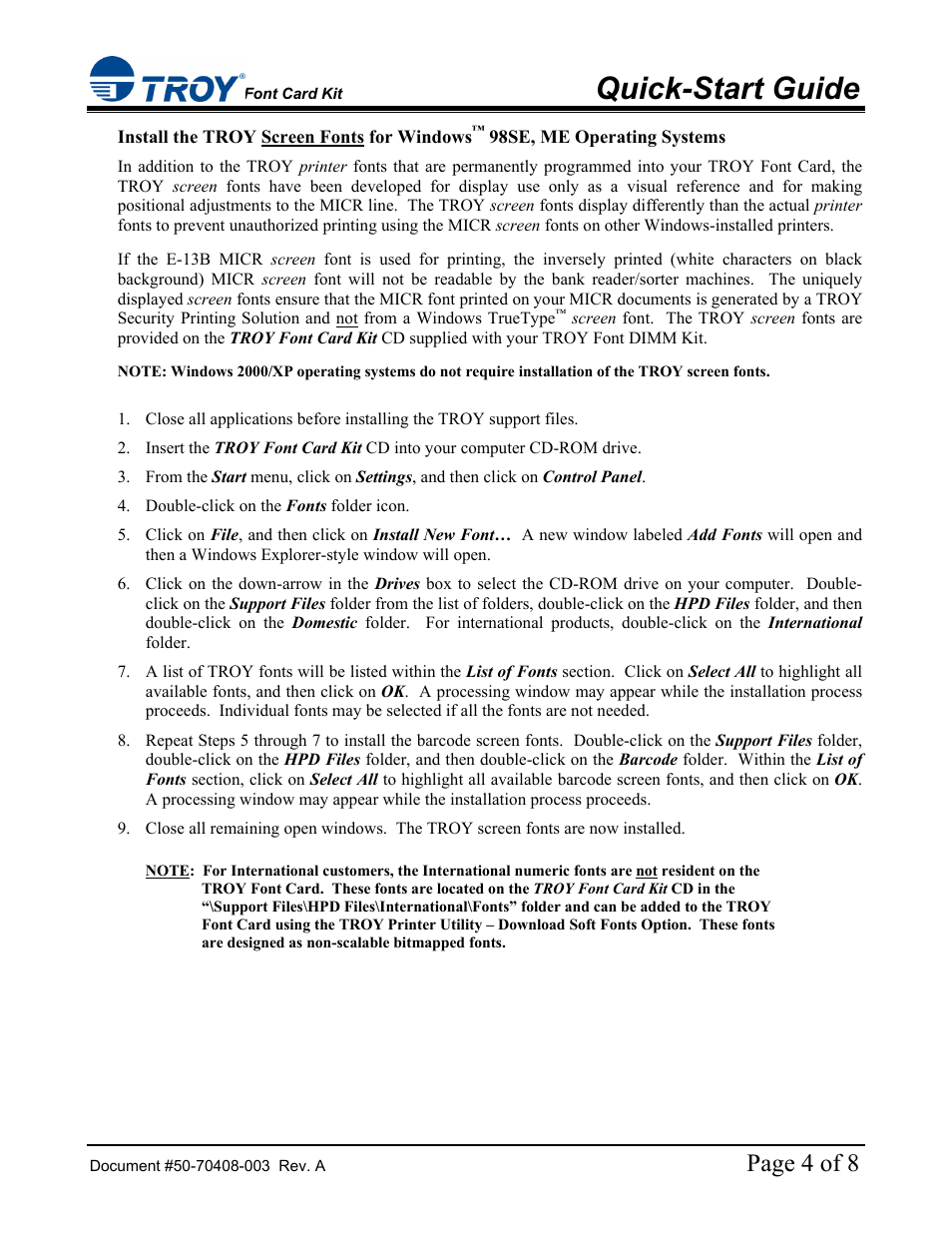 Quick-start guide, Page 4 of 8 | TROY Group Hewlett-Packard LaserJet 4515 Font Card Kit Quick-Start Guide User Manual | Page 4 / 8