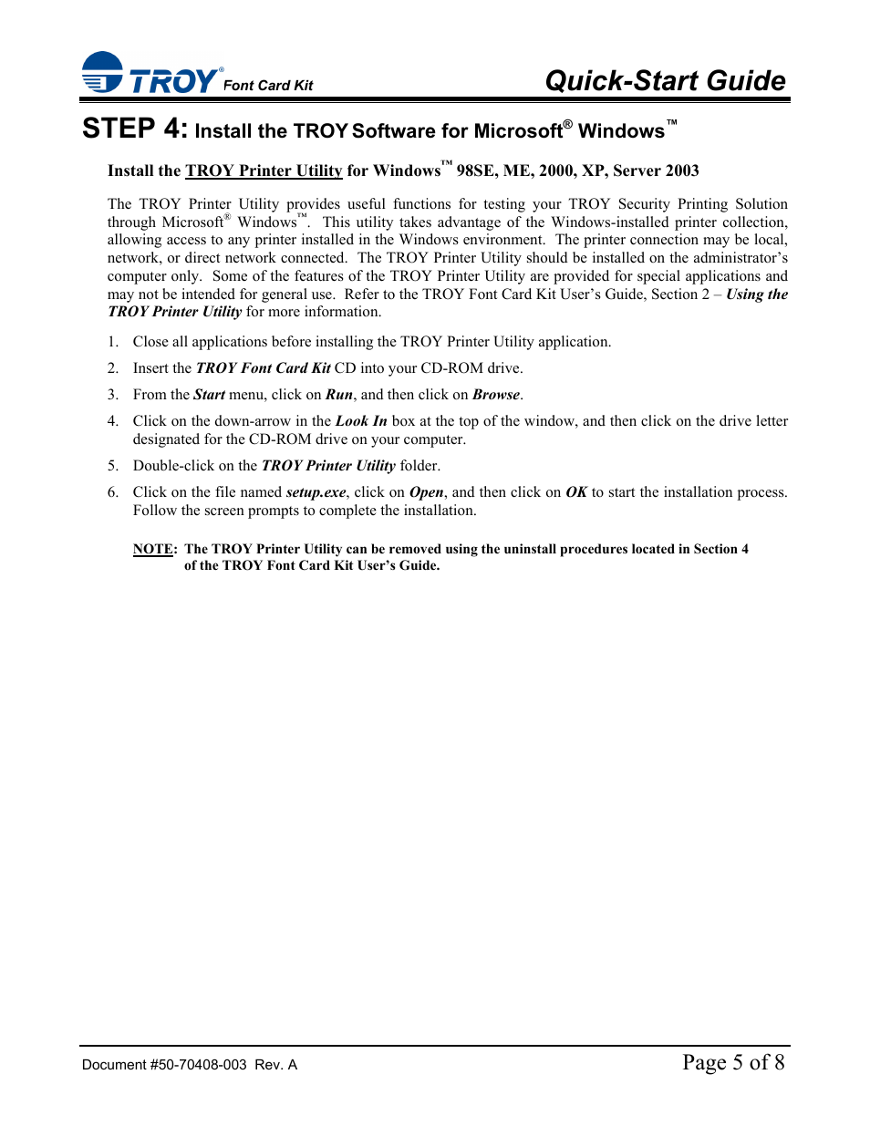 Quick-start guide, Step 4, Page 5 of 8 | Install the troy, Software for microsoft, Windows | TROY Group Hewlett-Packard LaserJet 4515 Font Card Kit Quick-Start Guide User Manual | Page 5 / 8