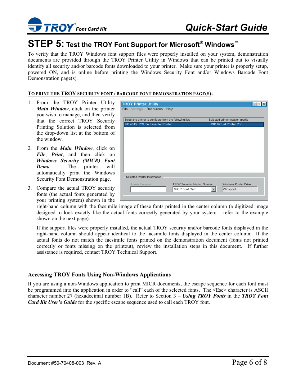 Quick-start guide, Step 5, Page 6 of 8 | Test the troy font support for microsoft, Windows | TROY Group Hewlett-Packard LaserJet 4515 Font Card Kit Quick-Start Guide User Manual | Page 6 / 8