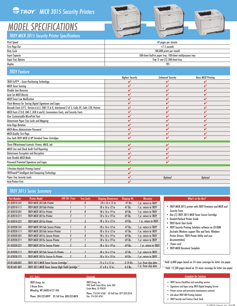 Model specifications, Micr 3015 security printers, Troy micr 3015 security printer specifications | Troy feature, Troy 3015 series summary | TROY Group MICR 3015 Datasheet User Manual | Page 2 / 2