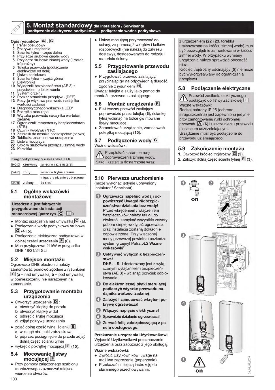 Ogolne wskazowki montdzowe, Mocuj^cej zi, 5 przygotowanie przewodu zasiiajqcego | 5 montaz urz^dzenia [el, 7 podl^czenie wody, 8 podl^czenie eiektryczne, 9 zakonezenie montazu, 10 pierwsze uruchomienie, 1 ogolne wskazowki montdzowe, 2 miejsce montazu | STIEBEL ELTRON DHE 18 SLI 25 A User Manual | Page 100 / 176