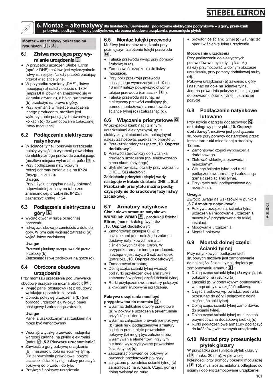 Stiebel eltron, 9 montaz doinej cz^sci, 10 montaz | Przesuni^ciu ptytek, 2 pod4^czenie elektryczne natynkowe, 3 podlqczenìe elektryczne u góry [k, 4 obrócona obudowa urz^dzenia, 5 montaz tulejki przewodu, 6 wi^czanie priorytetowe, 7 armatury natynkowe | STIEBEL ELTRON DHE 18 SLI 25 A User Manual | Page 101 / 176