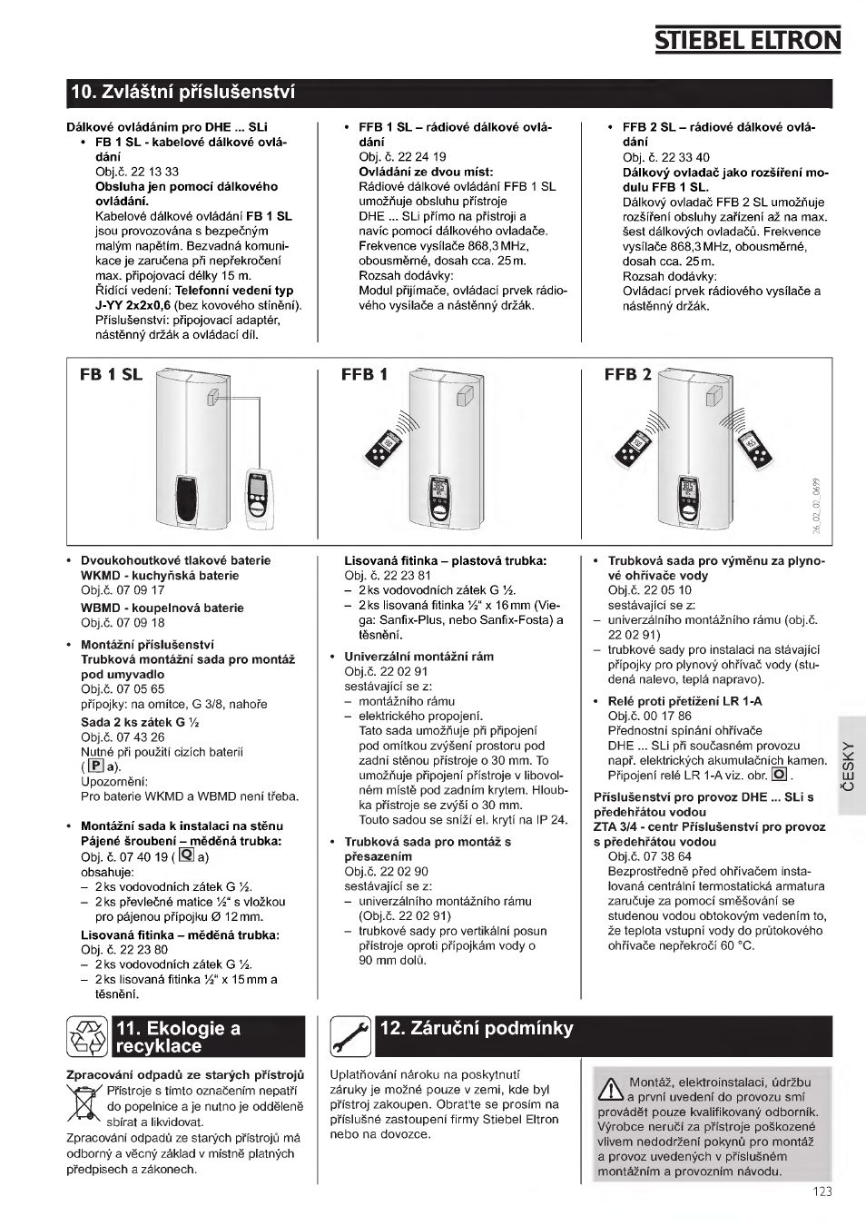 Zviéstni prislusenstvi, Fb 1, Ffb1 | Ffb 2, Ekologiea recykiace, Zàrucni podminky, Stiebel eltron | STIEBEL ELTRON DHE 18 SLI 25 A User Manual | Page 123 / 176