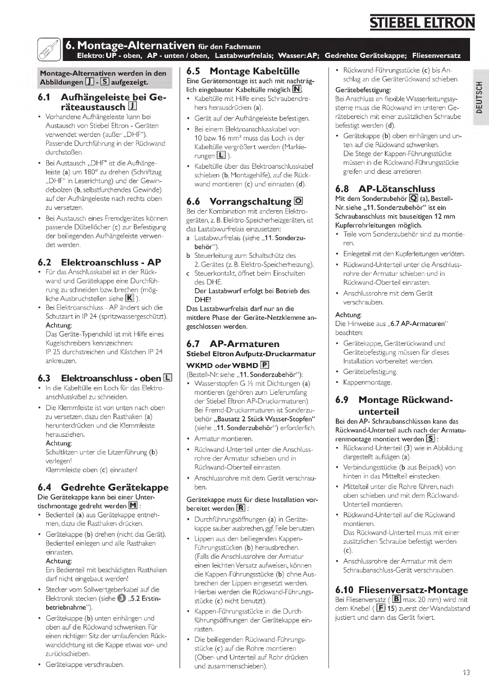 Montage-alternativen für den fachmann, 3 elektroanschluss - oben [q, 5 montage kaheltülle | Stiebel eltron, Montage-alternativen, 1 aufhängeleiste bei ge, 2 elektroanschluss - ap, 4 gedrehte gerätekappe, 6 vorrangschaitung, 7 ap-amnaturen | STIEBEL ELTRON DHE 18 SLI 25 A User Manual | Page 13 / 176