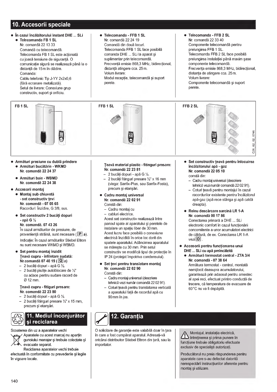 Accesorii speciale, Mgdiul tneonjuràtor §i raciclarea, Garanfia | STIEBEL ELTRON DHE 18 SLI 25 A User Manual | Page 140 / 176