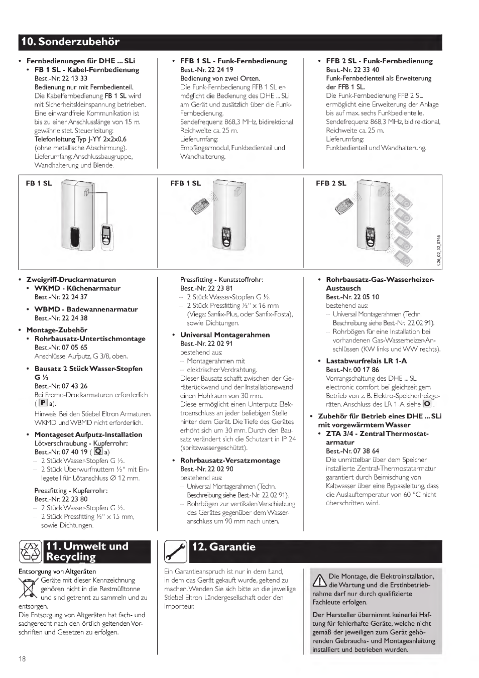 10« sonderzubehör, 11« umwelt und recyclin, Garantie | STIEBEL ELTRON DHE 18 SLI 25 A User Manual | Page 18 / 176
