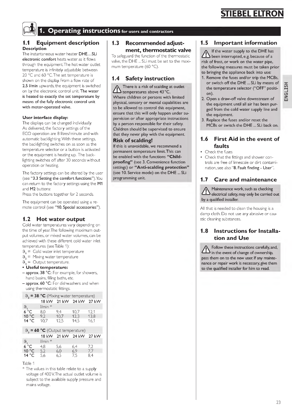 1 equipment description, 2 hot water output, 6 first aid in the event of faults | 7 care and maintenance, 8 instructions for installation and use, 6 first a id n f'e event cf faults, 7 c are and .nainte^a'ce, Stiebel eltron 'dl, 1« operating instructions, 3 recommended adjust­ ment, thermostatic vaive | STIEBEL ELTRON DHE 18 SLI 25 A User Manual | Page 23 / 176
