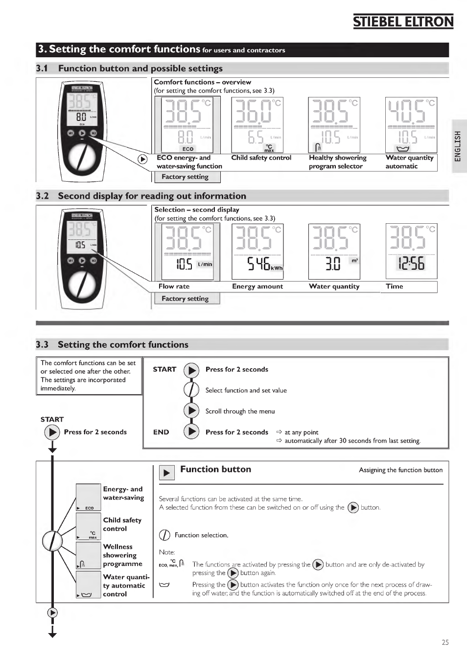 1 function button and possible settings, 3«2 second display for reading out information, 3 setting the comfort functions | Funct, Auttc n anc possible settings, Jo.u, 30 c'