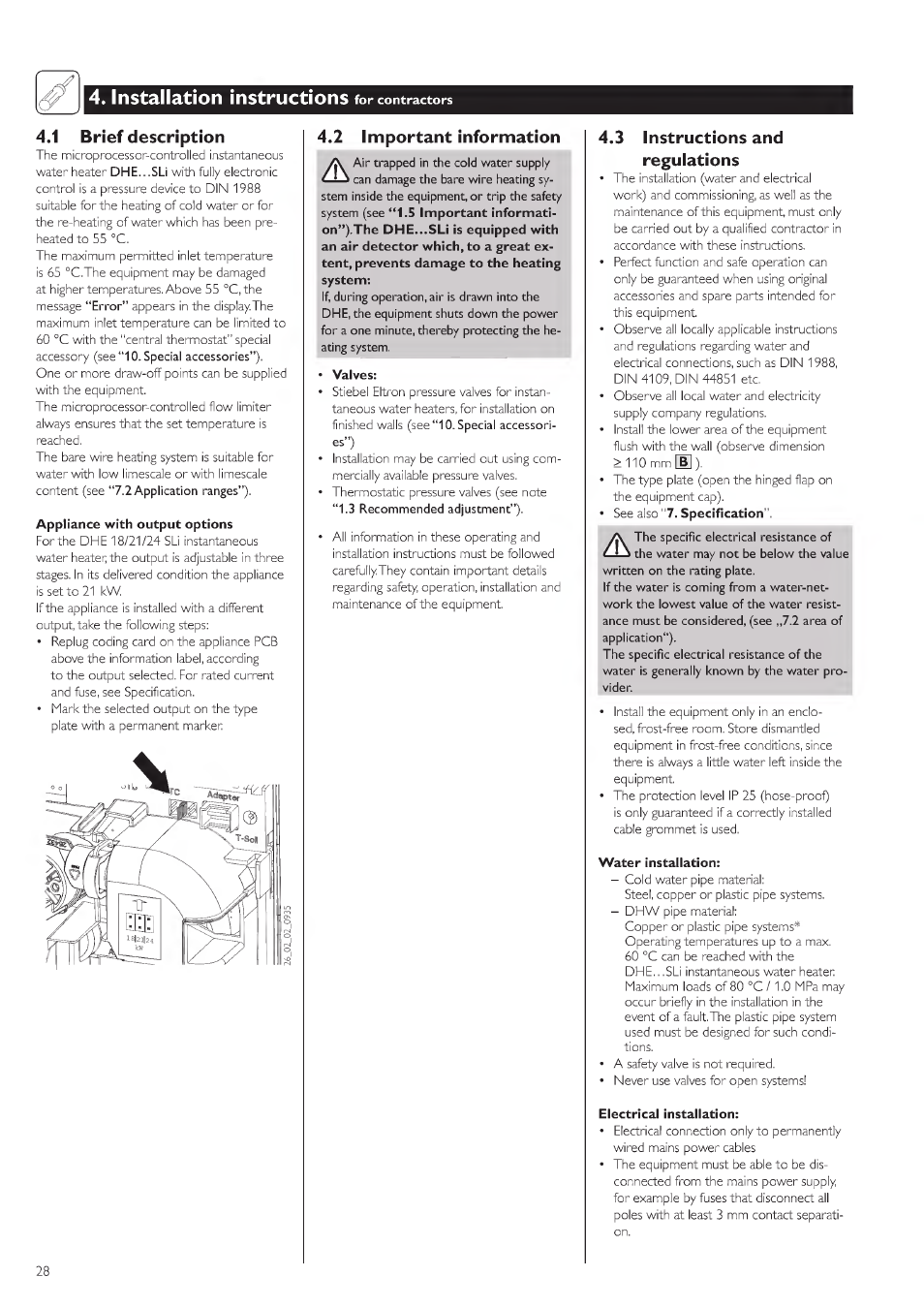 Installation instructions for concraceors, 1 brief description, Э instructions and regulations | Installation instructions for contractors, Apptiâiice with output options, Сл-:'л\ ios9,*x, 2 important information | STIEBEL ELTRON DHE 18 SLI 25 A User Manual | Page 28 / 176