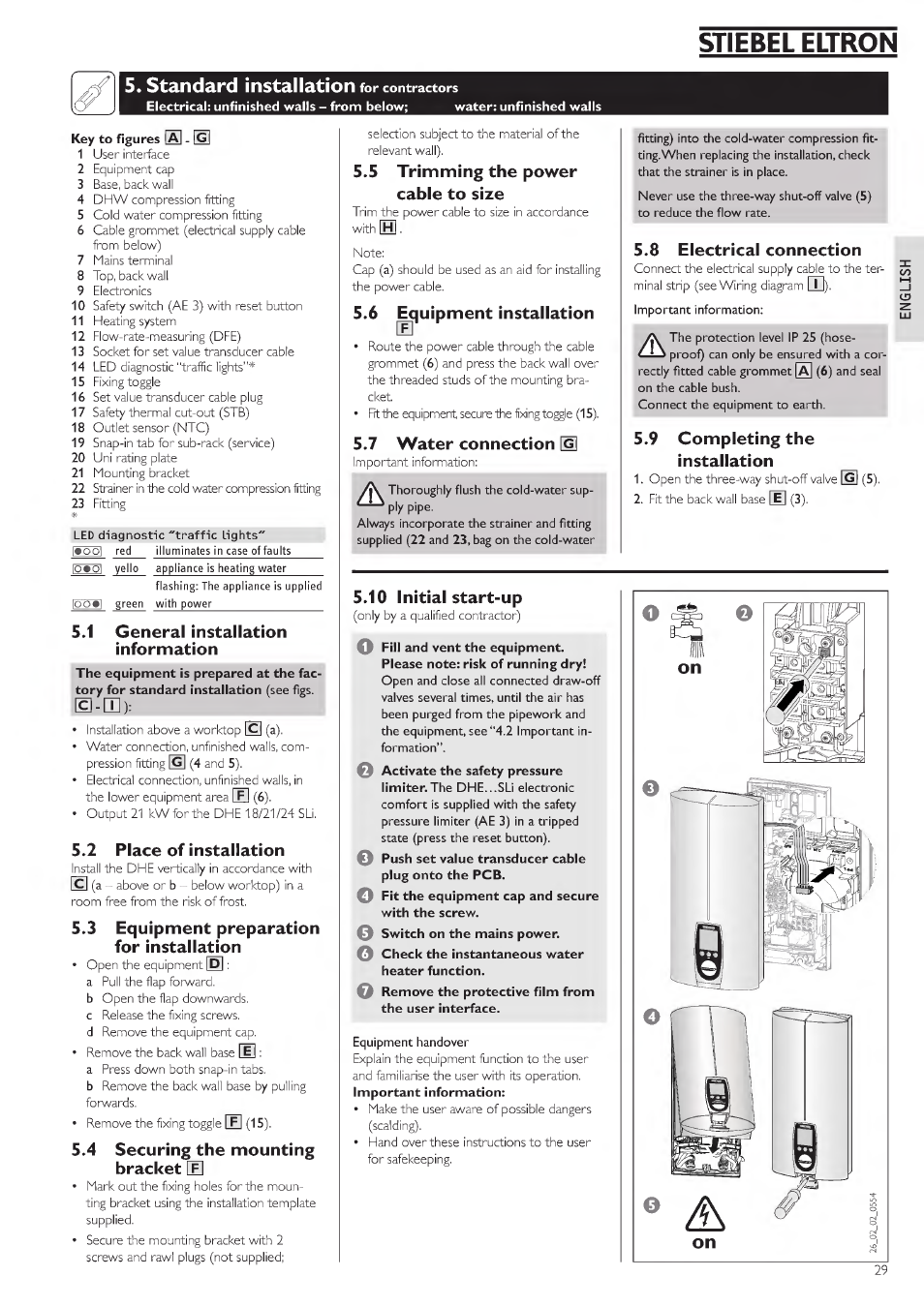 5« standard installation fai*cdrttractor, General installation information, 2 place of installation | 3 equipment preparation for installation, Brackettn, 5 trimming the power cable to size, 6 ^uipment installation, 7 water connection (s, 8 electrical connection, 9 completing the installation | STIEBEL ELTRON DHE 18 SLI 25 A User Manual | Page 29 / 176