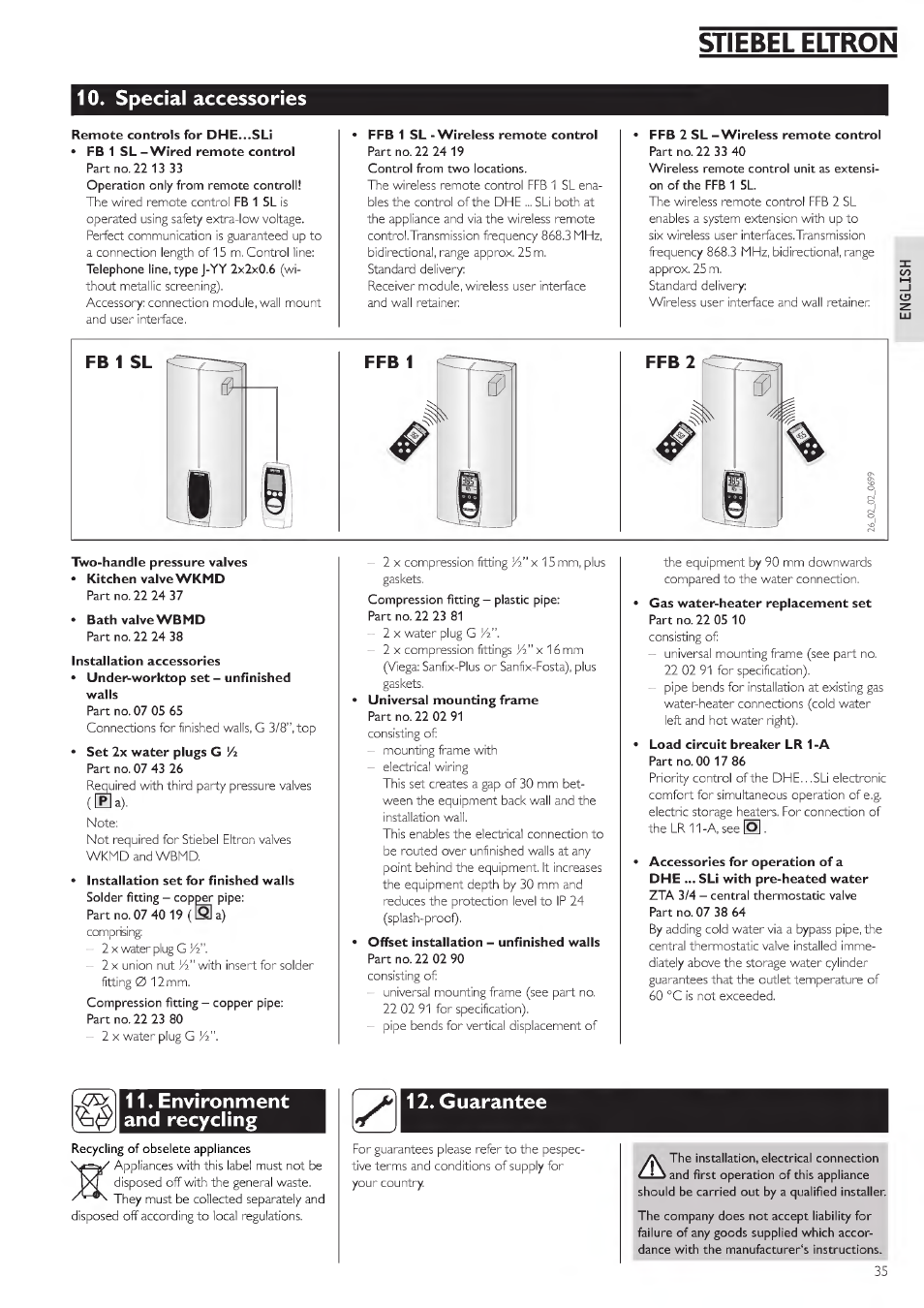 Special accessories, 11« environment and recycling, 12« guarantee | 10 s pecial accessories 11, E nvironm ent and i'ecycliiig, Stiebel eltron, Vatf | STIEBEL ELTRON DHE 18 SLI 25 A User Manual | Page 35 / 176