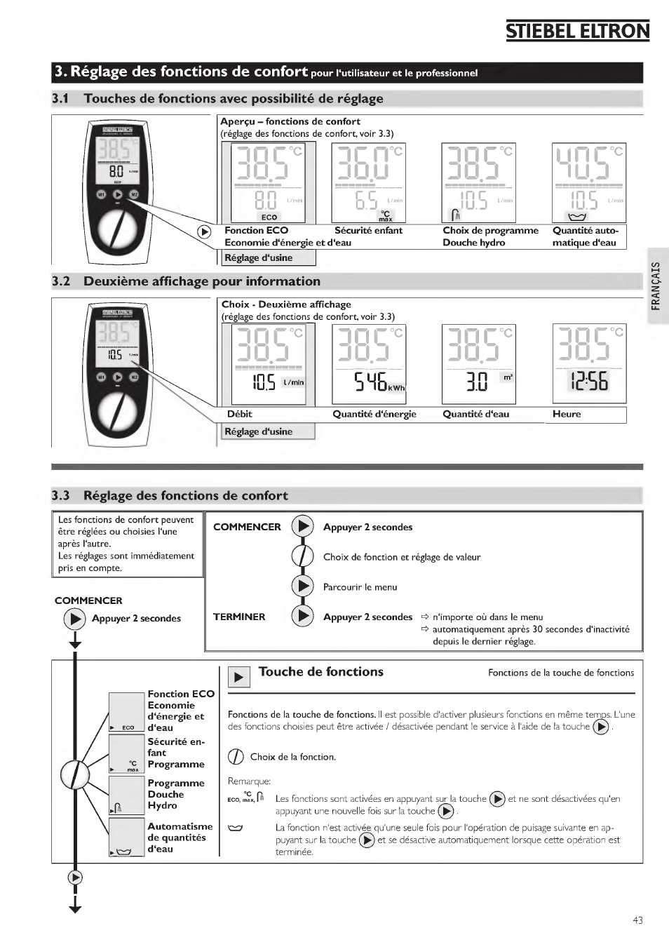 J.2 deuxième affichage pour infor*nnation, 3 réglage des fonctions de confort, Touche de fonctions | Stiebel eltron, Réglage des fonctions de confort, Jli j dcrr juu, Doc°‘= j lu ijnc, Lu ^ptt, Lu s г* !u.s, Deuxième affichage pour infor*nnation | STIEBEL ELTRON DHE 18 SLI 25 A User Manual | Page 43 / 176