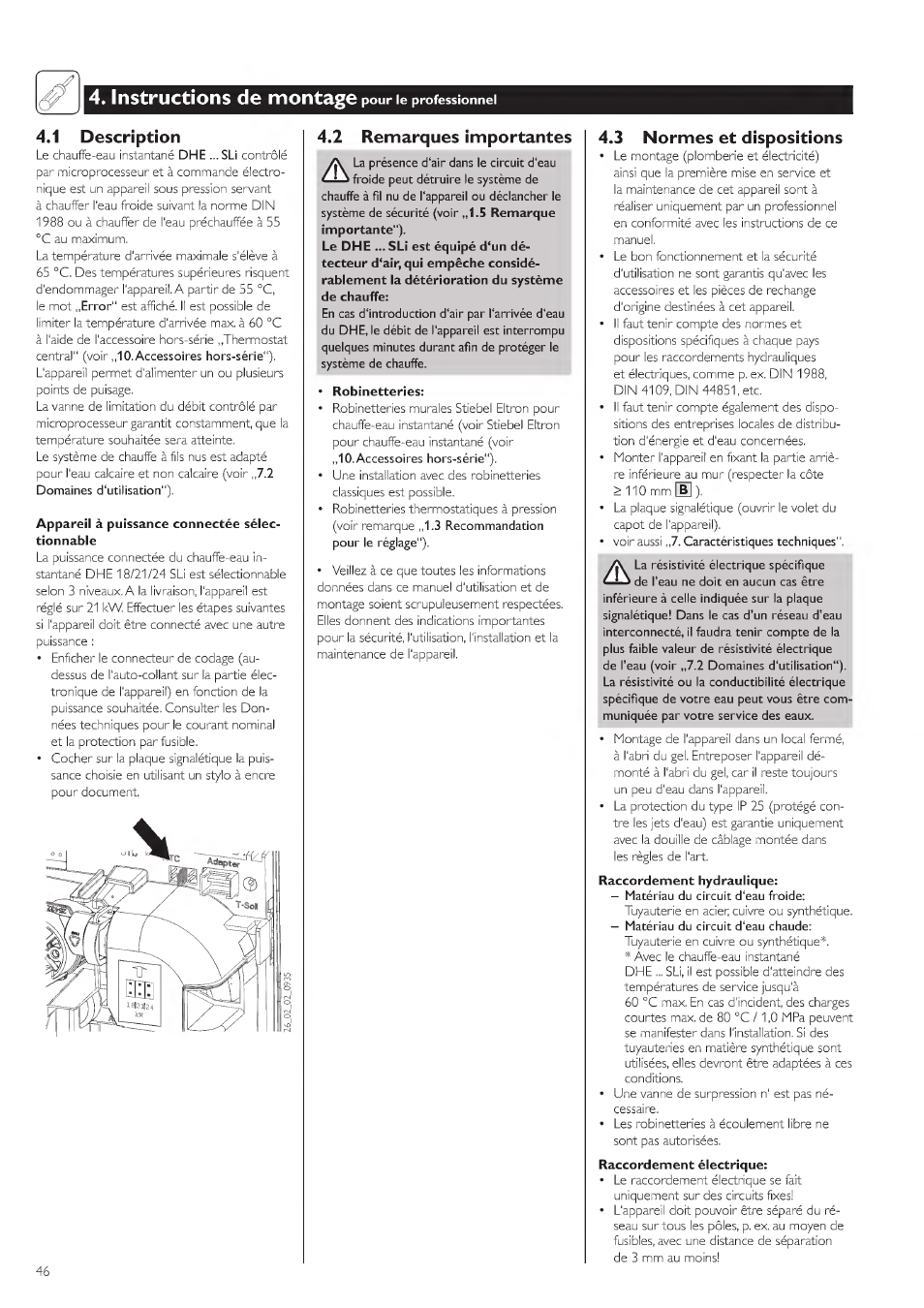 Instructions de montage pourle professionnel, 1 description, Instructions de m ontage pour le professionnel | 1 d tscr'pt'on, Instructions de montage, 3 normes et dispositions, 4,2 remarques importantes | STIEBEL ELTRON DHE 18 SLI 25 A User Manual | Page 46 / 176
