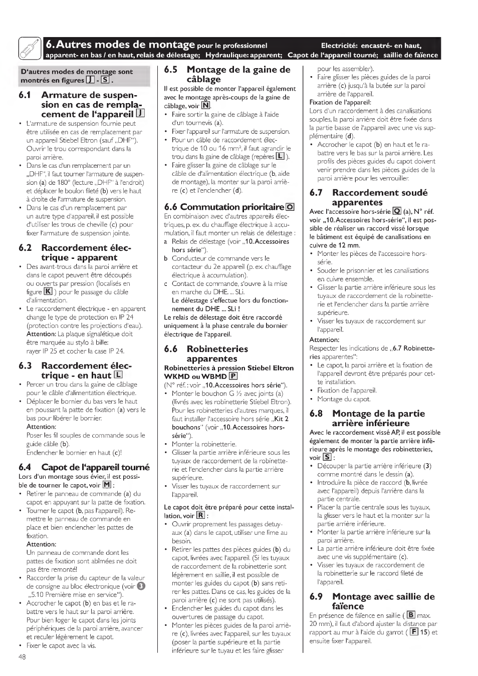 4 capot de (‘appareil tourné, 5 montage de la gaine de câblage, Autres modes de montage | 2 raccordement élec, 3 raccordement élec­ trique - en haut ш, Pou' un cab s ce ггссогсе nent e sc, T'eu dans i?. esine de сша^ (repères [e ), 6 commutation prioritaire is, 6 robinetteries apparentes, 7 raccordement soudé apparences | STIEBEL ELTRON DHE 18 SLI 25 A User Manual | Page 48 / 176
