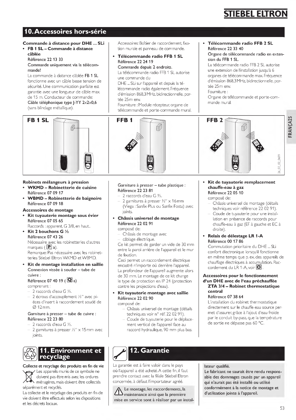 Accessoires hors>séne, Environment et recyclage, Garantie | E nvironm ent et recyclage, Stiebel eltron | STIEBEL ELTRON DHE 18 SLI 25 A User Manual | Page 53 / 176