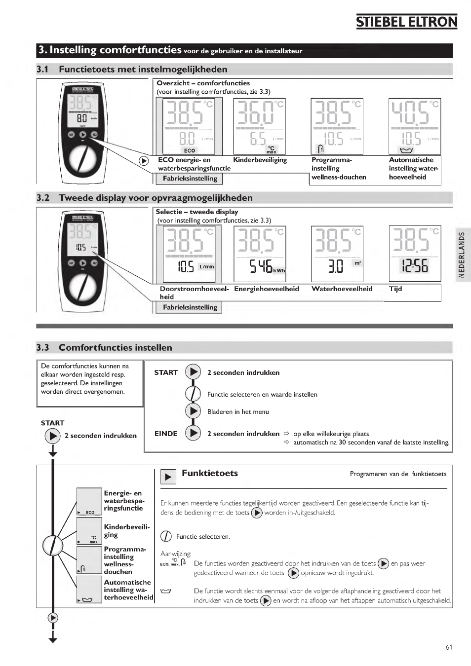 3»1 functietoets met instelmogeiijkheden, 30 jo j, Dcrp | Ju.u, Ju.j, 2 tweede display voor* opvpaagmogelijlclieden, 3 comfortfurtcties instellen, Funktietoets, Stiebel eltron, D c r p | STIEBEL ELTRON DHE 18 SLI 25 A User Manual | Page 61 / 176